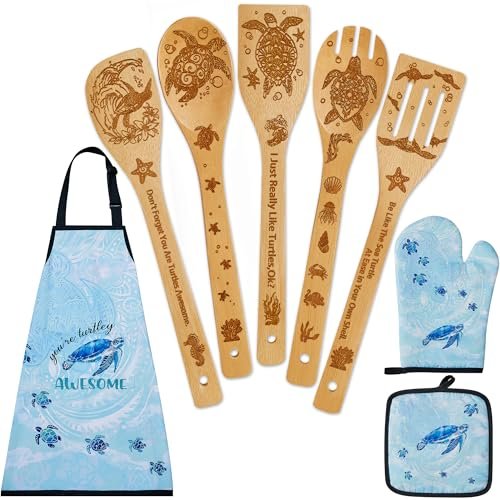 Sea Turtle Gifts for Women,8PCS Coastal Bamboo Kitchen Set