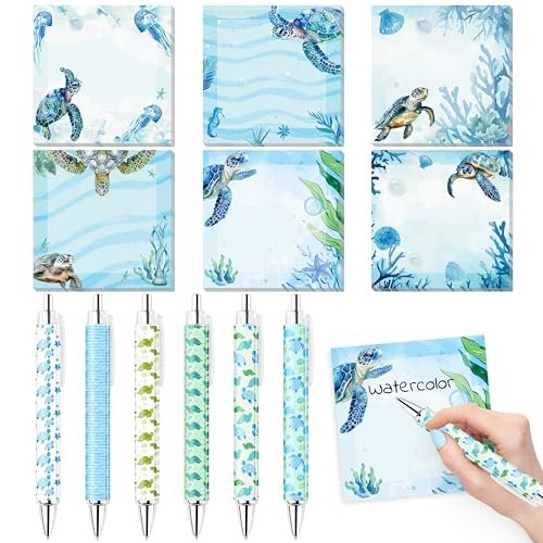 12Pcs Sea Turtle Sticky Notes with Pens Watercolor Gift Set
