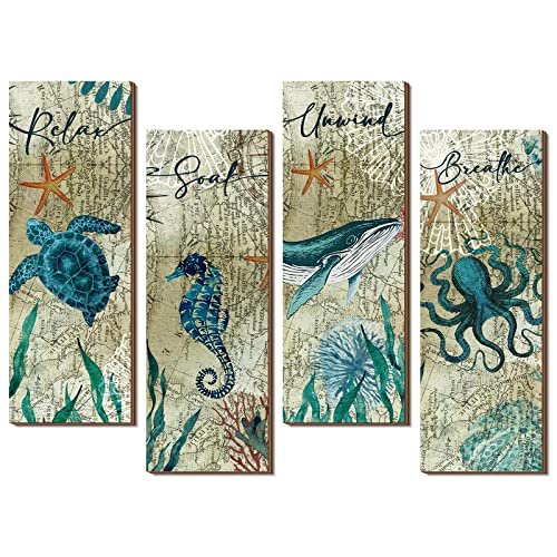 Qunclay 4 Pieces Beach Bathroom Decor Wall Art Signs