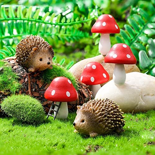 Queekay Resin Hedgehogs & Wood Mushroom Sculpture, Fairy...