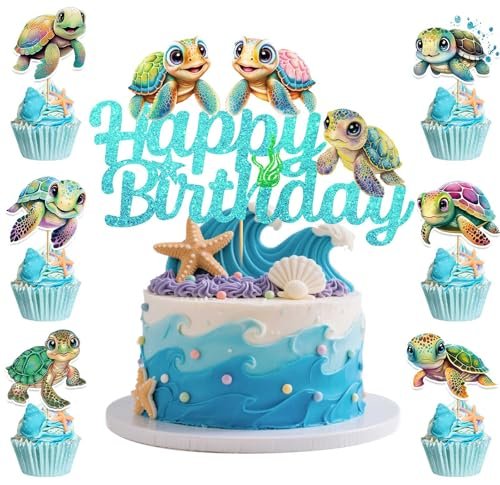 Sea Turtle Cake Topper Glitter Blue with 12 Cupcake Toppers