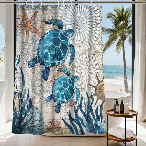 Final Friday Nautical Green Sea Turtles Beach Fabric Shower...