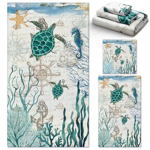 Preboun 3 Pack Sea Turtle Bathroom Towels Ocean Theme Set