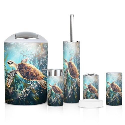 6 Piece Bathroom Accessories Set Sea Turtle Adventure Art