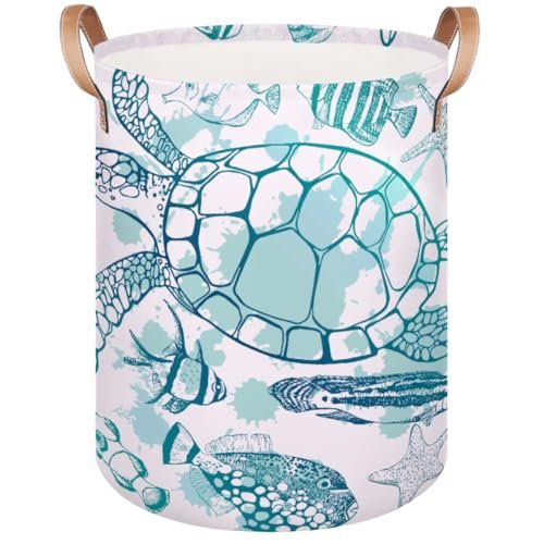 Large Laundry Hamper Basket Ocean Theme Round Sea Turtle Bin