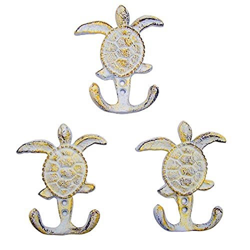 Wowser Distressed White Sea Turtle Cast Iron Wall Hook Set