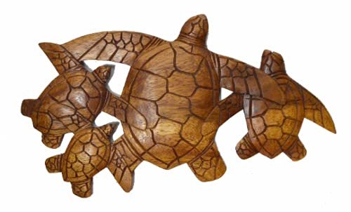 HAND CARVED WOODEN SEA TURTLE FAMILY ART WALL SCULPTURE...